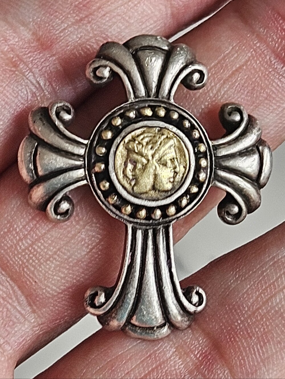 Estate Fred Of Paris 18k Yellow Gold Sterling Silver 925 Cameo Cross Pendant